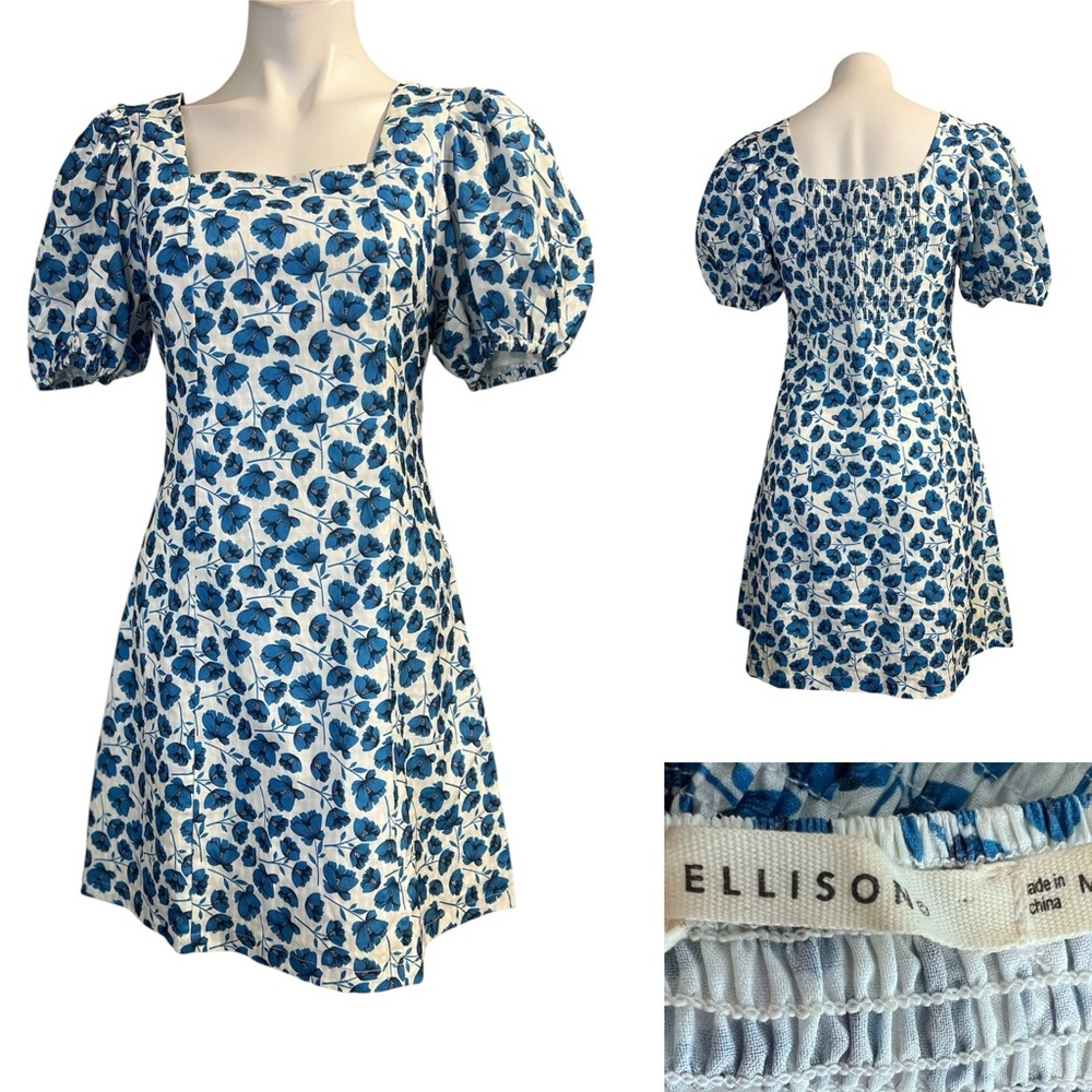 Ellison Dress‎ size Med White/Blue Floral Puff Sleeve mini casual